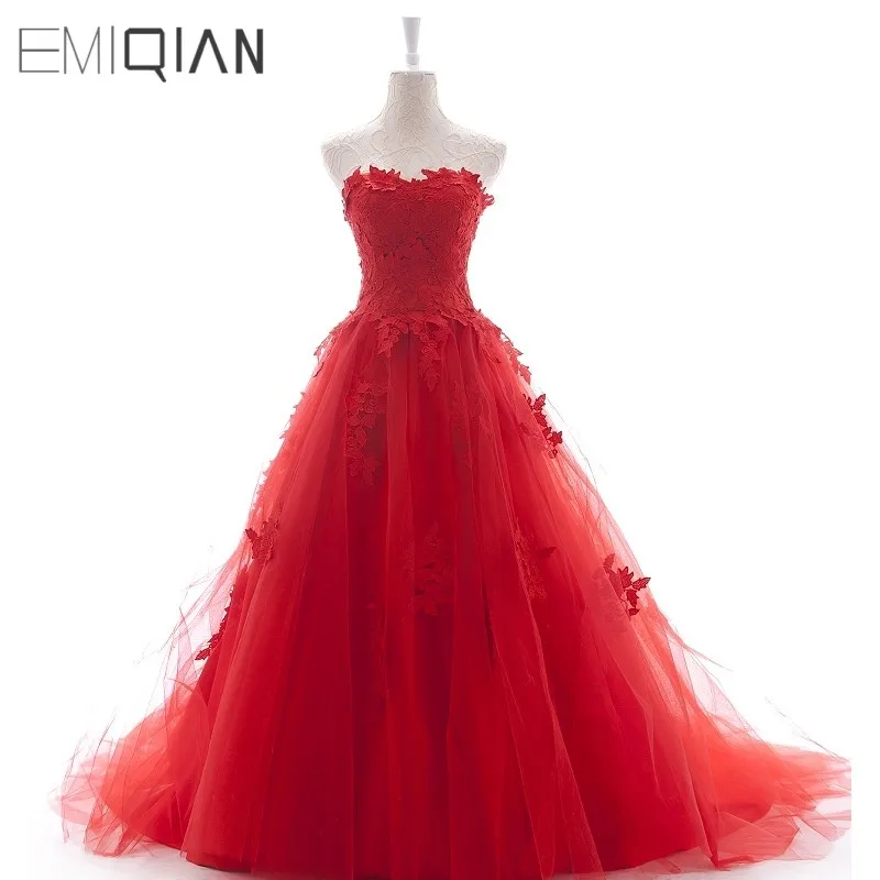 

Real Photos New Fashion Strapless A-Line Sweetheart Appliqued Red Gown Evening Dress Long