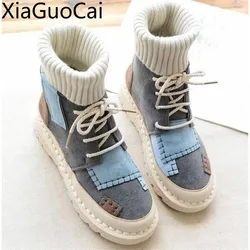 Autumn and Winter Women's High Top Boots Nubuck Plus Velvet Warm Casual Sneakers Round Toe Lace-Up Student Flat Boots