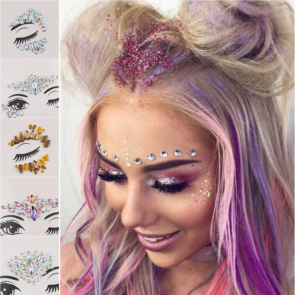 Fashion Colorful 3D Crystal Temporary Tattoo Face Gems Jewels Rhinestone Glitter Adhesive Stickers Festival Body Facial Decor