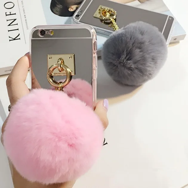 Silver Luxury Metal Rope Mirror Tassel phone Capa fake rabbit fur ball  For iPhone 8 X 6/6S 7 7Plus XR XS Max Back Cover Case