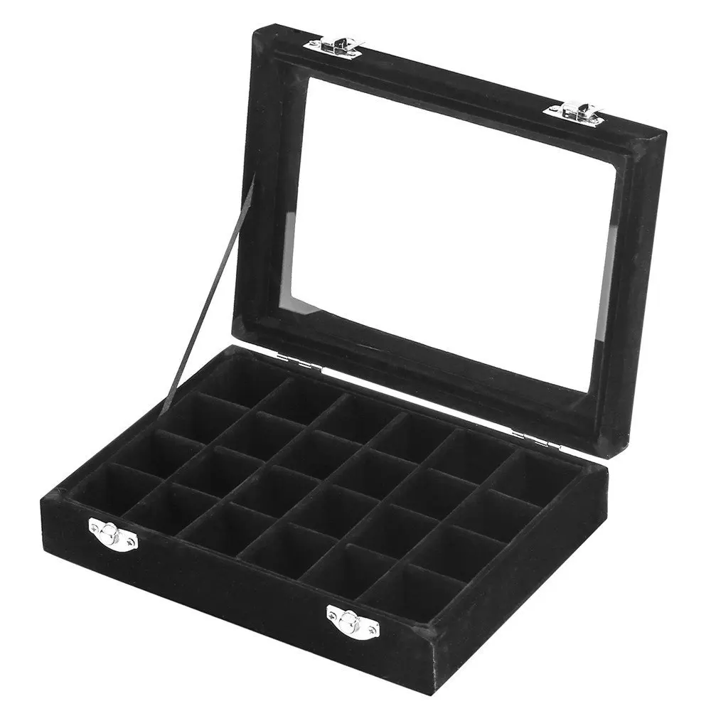 Black 24 Slot Velvet Glass Jewelry Box Organizer Rings Earrings Tray Display Storage Case