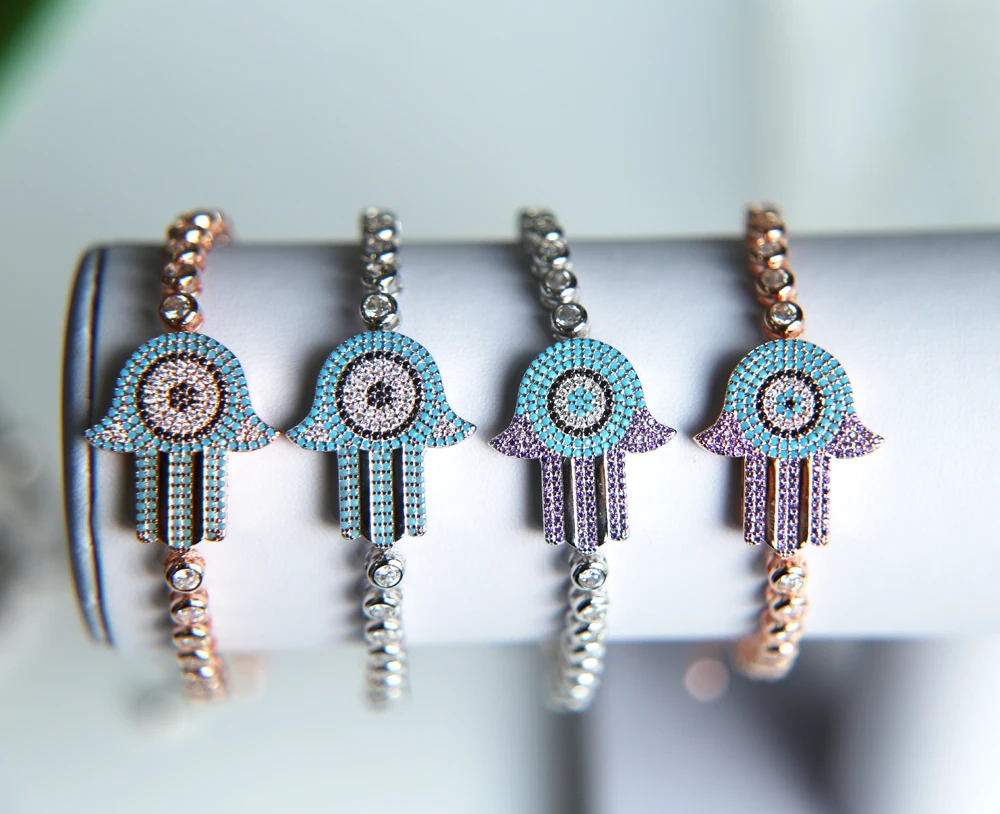 2022 Top Quality Blue purple turkish fashion fatima tennis AAA cubic zirconia bling women girl hamsa hand bracelet hansa jewelry