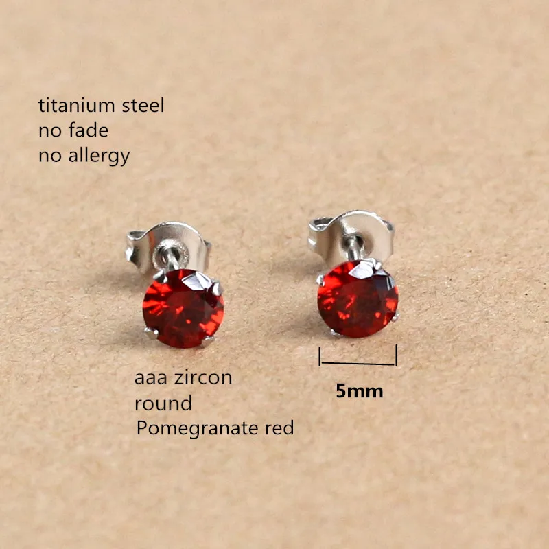 Stud Earrings 5mm Pomegranate Red AAA Zircon 316 L Stainless Steel No Fade Allergy Free