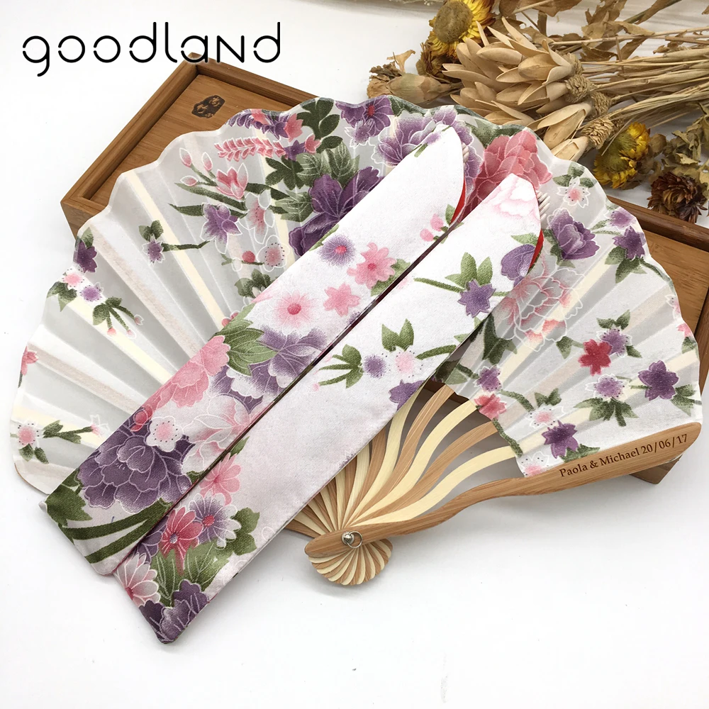 Free Shipping 100pcs Personalized/Customized Bamboo 100% Polyester Flower Blossoms Wedding Chinese Japanese Folding Fan