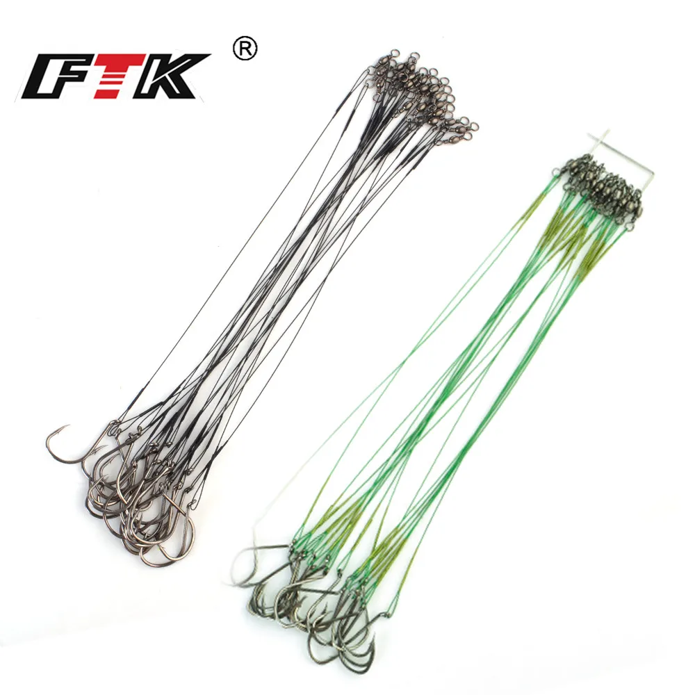 FTK 20PCS 1/0#-5/0# 40LB-80LB Fishing Line Steel Wire Leader With Rolling Swivels Duo-Lock Snap Anti-bait Fishing Hooks