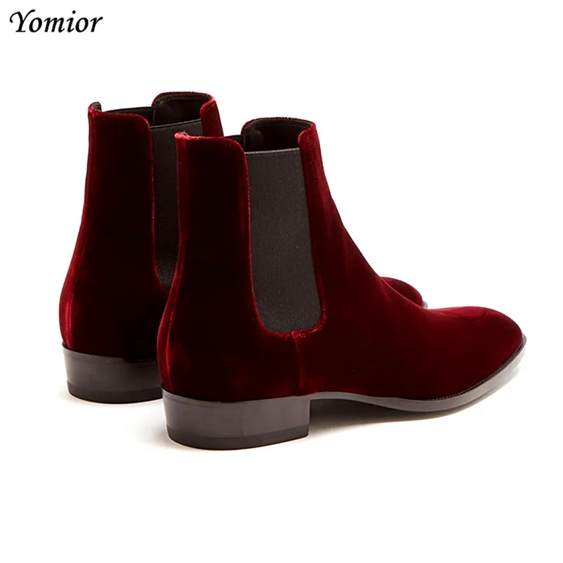 Handmade Top Quality Velvet Vintage Men Cow Leather Shoes Ankle Boots Formal Business Pointed Toe Slip-On Chelsea Boots Red