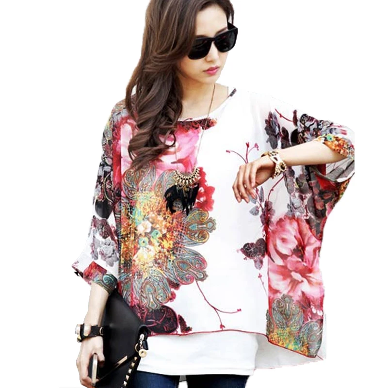Summer Blouse Shirt 2021 New Fashion Women Casual Chiffon Blouses Tops Plus Size 4XL 5XL 6XL Batwing Sleeve Women\'s Shirts