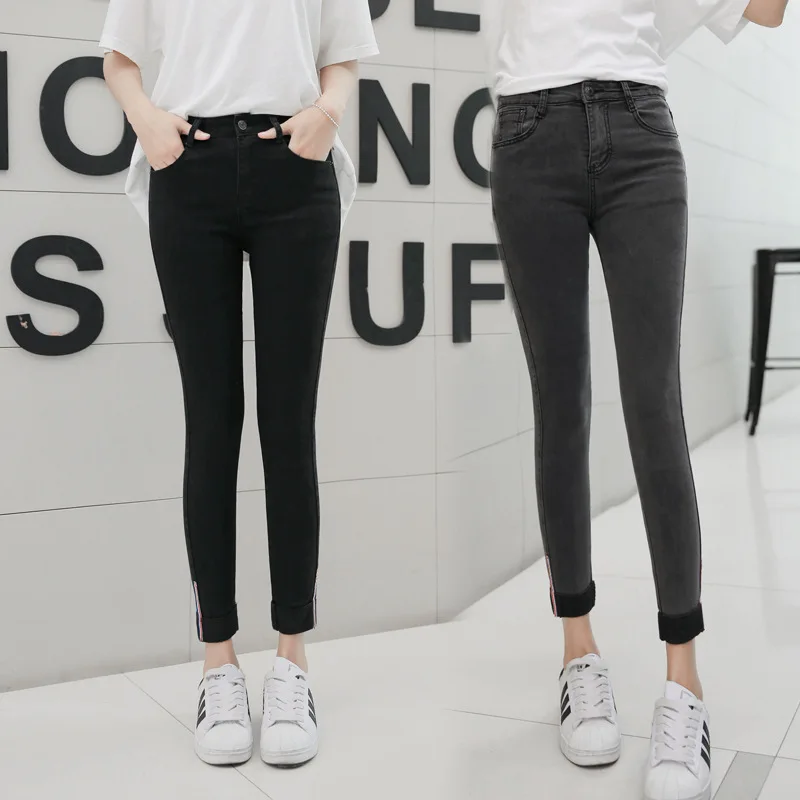 2023 Women Jeans Spring Autumn Elastic Waist Trousers Ladies Vintage Pencil Slim Skinny Jeans Black Gray Casual Soft Lady Pants