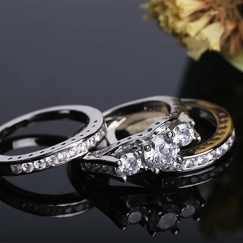 Anti Allergy 3 Rounds Princess Cut Silver Color Jewelry White Clear 5A CZ stones Wedding Bridal Women Plata Rings set Gift