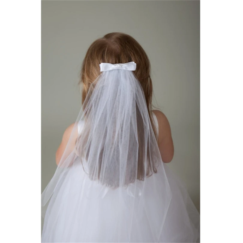 Long Tulle Wedding Flower Girls First communion Veils With Comb Bows White Ivory Children Kids Veils Voiles Fille velos de Novia