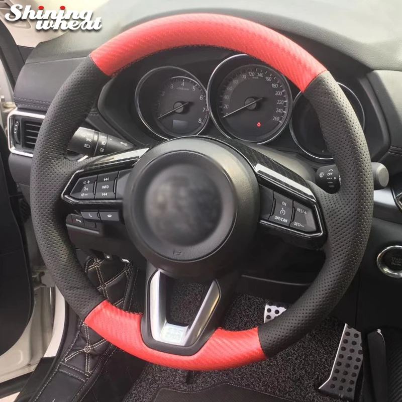 Shining wheat Black Leather Red PU Carbon Fiber Steering Wheel Cover for Mazda 3 CX-5 2017 Mazda CX-9 2016 2017