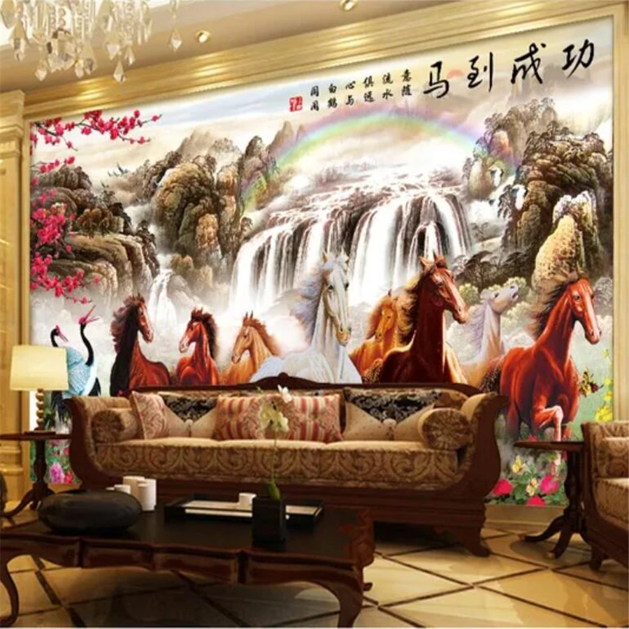 Custom wallpaper 3d photo mural horse to success Chinese painting landscape living room TV background wall decoration painting