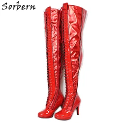 Sorbern stivali crespi rossi sopra il ginocchio coscia stivali alti da donna coccodrillo tacchi metallici stivali Unisex personalizzati per gambe spesse taglia 5-15