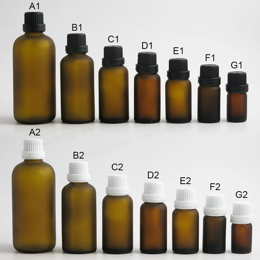 200pcs Frost Amber Glass Essential Oil Bottles Vial Container with Orifice Reducers Plastic Lids 5ml 1/3oz 2/3oz 1oz 50ml 100ml