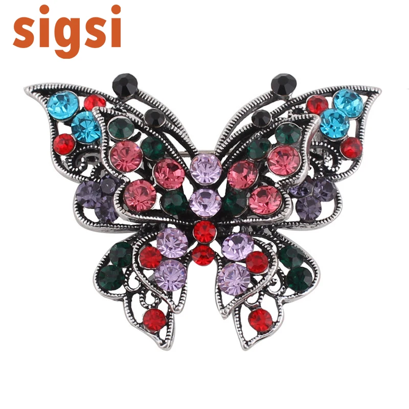 

100pcs Hot selling multicolour 45mm*60mm rhinestone butterfly brooch animal safety pin woman jewelry accessories broach