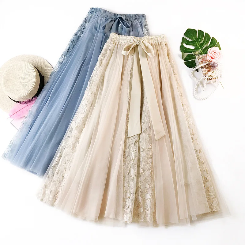 2023 New Autumn Mesh Skirts Korean Oversized Lace Long Women Skirt Elegant Bow Patchwork Hollow Out Ball Gown Pleated Skirts