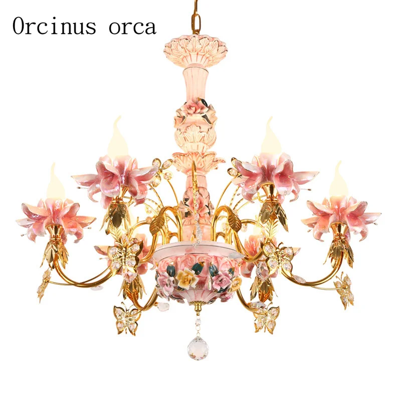 French garden luxury crystal chandelier European living room restaurant children's Princess Pink ceramic Chandelier