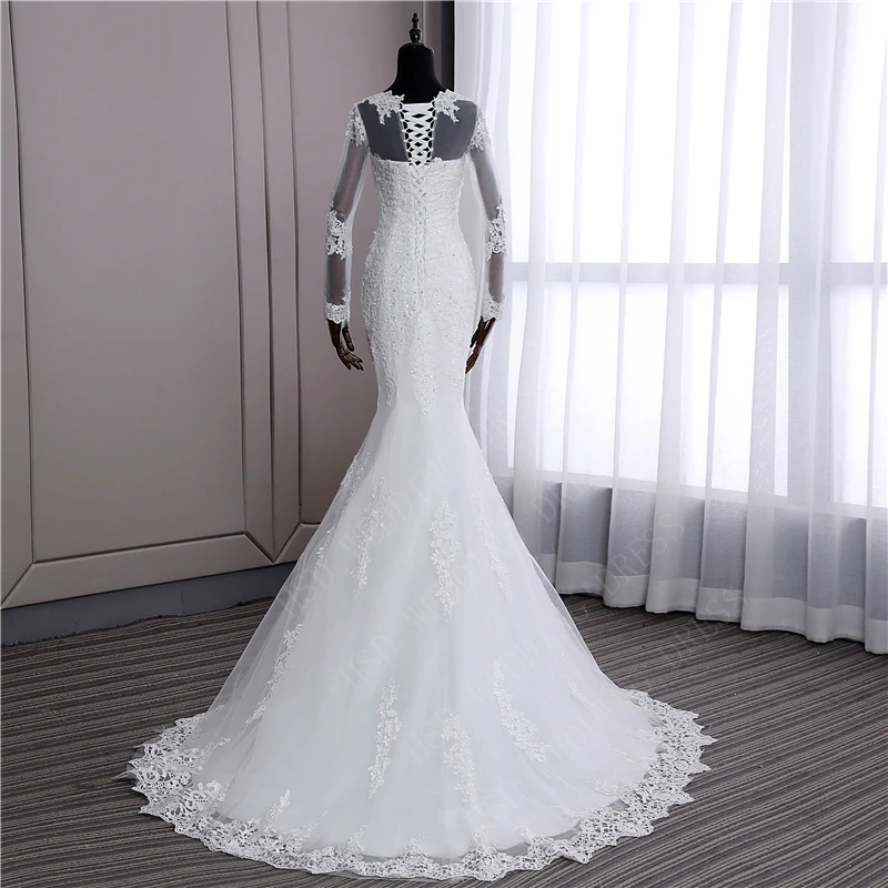 Illusion Sexy long sleeve Mermaid small Train Wedding Dress New Style Korean Lace Appliques Fishtail Bride estidos de noiva