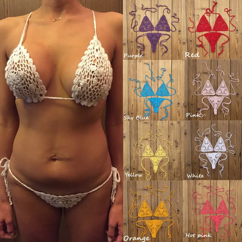 13สี Handmade ชุดบิกินี่โครเชต์ลูกไม้สีดำ Thong String ชุดว่ายน้ำอาบแดดชุดว่ายน้ำ