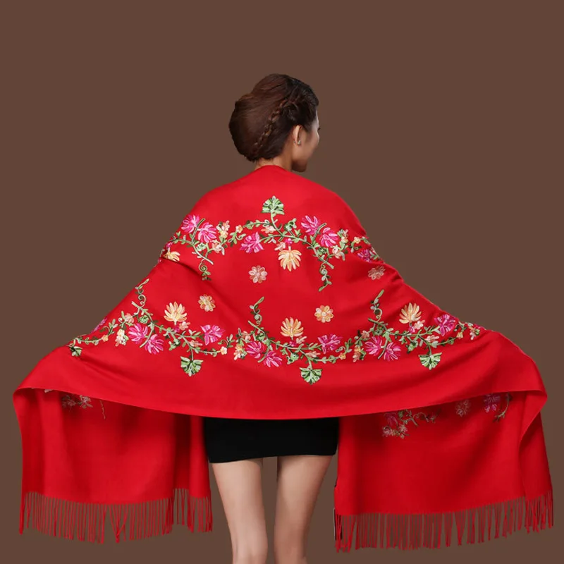 New Black Embroider Flower Pashmina Cashmere Scarf For Women Winter Warm Fine Tassels Scarf Shawl Fashion Shawl Scarves