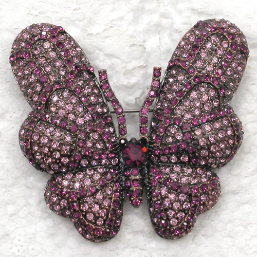 Antique copper Brooch Purple Rhinestone Butterfly Pin brooches C995 D3