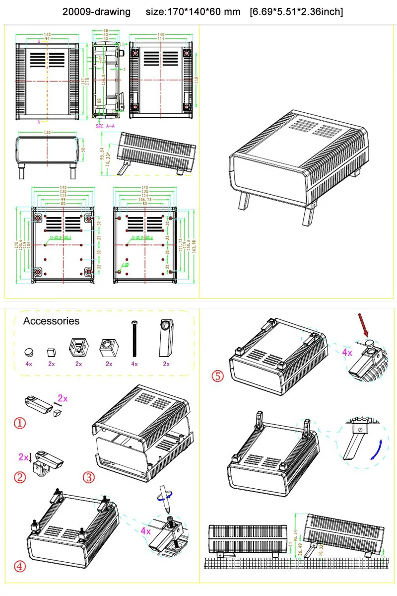 ABS diy project box plastic instrument case plastic enclosure junction box 170*140*60mm pcb circuit desktop wire connection box