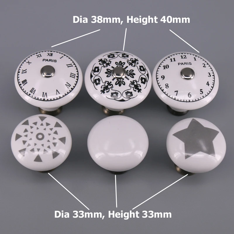 1PCS Kitchen Door Cabinets Cupboard Round Knobs Handles Star Clock Printed White Ceramic Porcelain Pull Handle Knob for kid room
