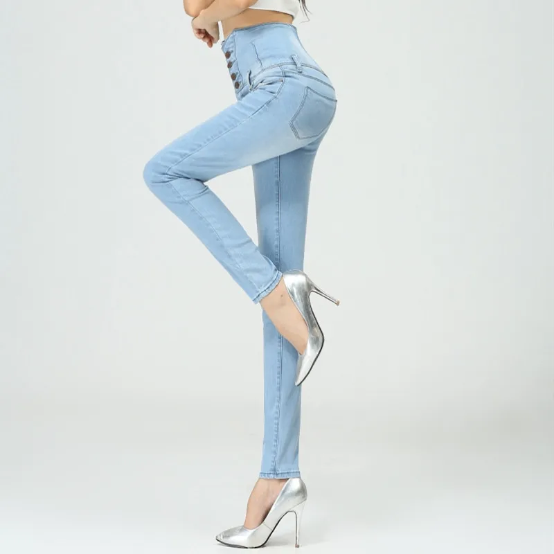 Fashion Quality High Waist Skinny Jeans Women Single Breasted High Elastic Slim Denim Pencil Pants Women Plus Size 26-34
