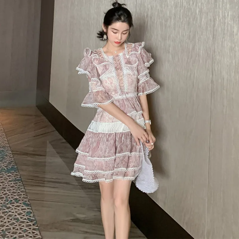 

Summer Cascading Ruffle Lace Chiffon Dress Beach Elegant Party Dresses Sexy Women Short Sleeve O Neck A Line Boho Dress Vestidos