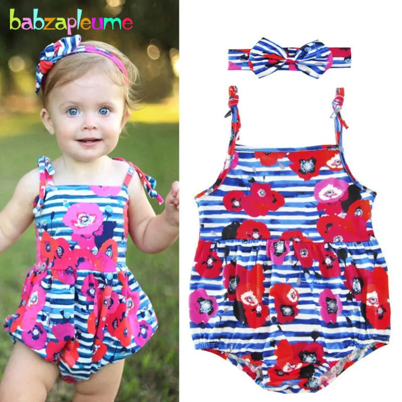 

0-18M/Newborn girls jumpsuit 2017 Summer Sleeveless Flower Printed Baby Romper Headband Fashion Striped Kids Girl Clothes A224