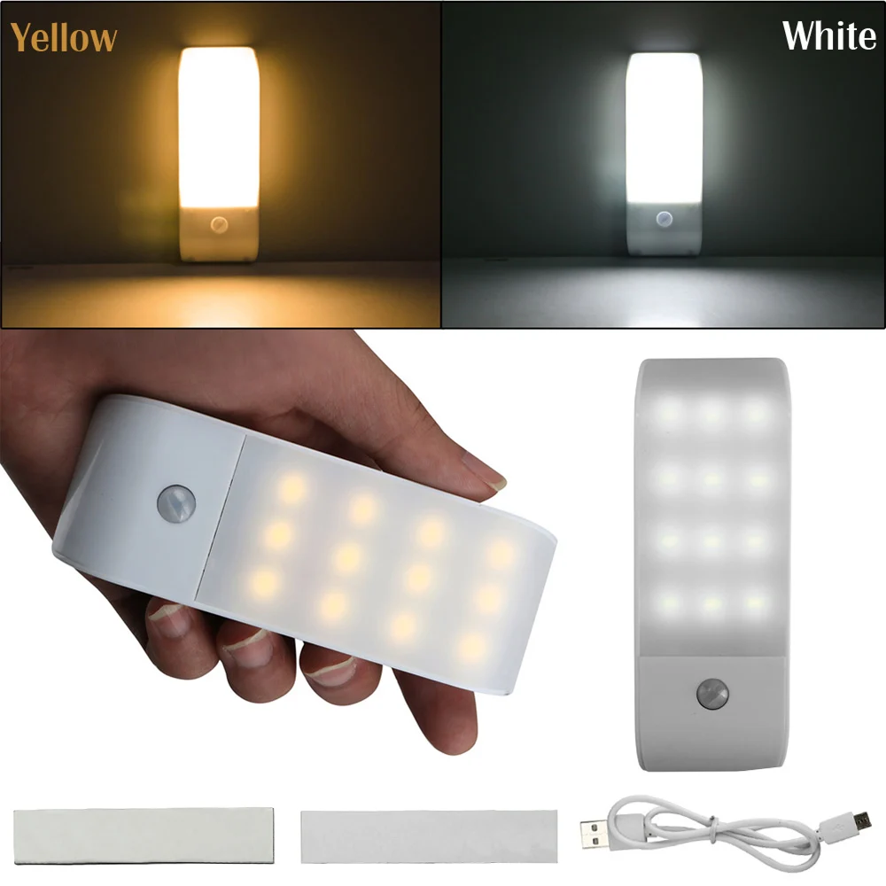 1pc Hot 12LED Press/auto Sensor Switch  USB Rechargeable PIR Motion Induction Sensor Closet Nightlight Lamp Yellow/White Light