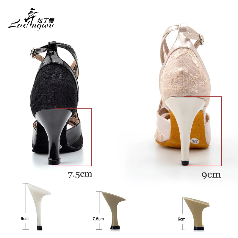 Ladingwu 2018 New Apricot/Black Lace and PU Ballroom sapato feminino festa Latin Dance Shoes Salsa Soft Bottom dance sandals