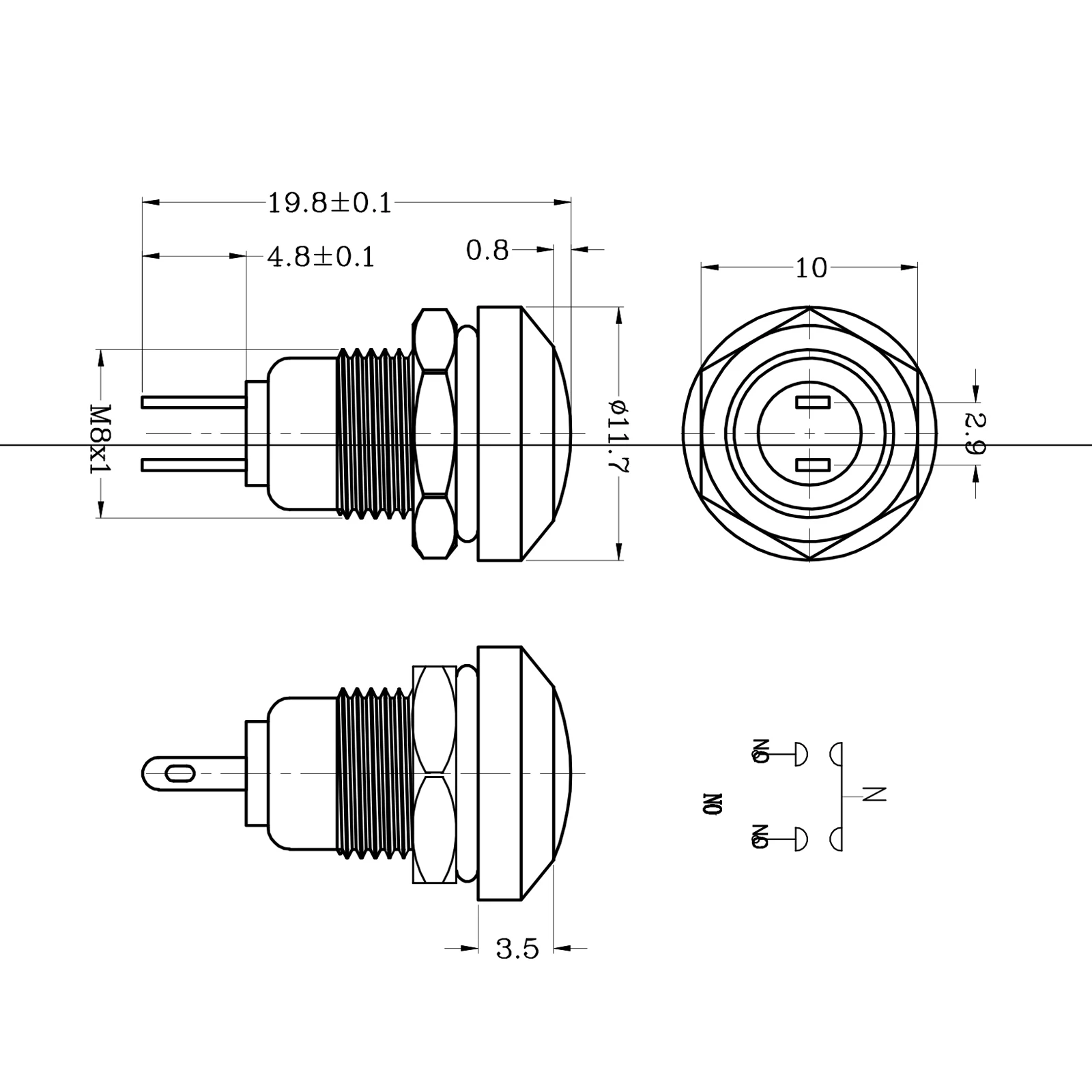 زر ضغط مؤقت صغير 8 مللي متر من الفولاذ المقاوم للصدأ ، IP67 1NO 2Pin 3A/250V للسيارة/القارب/DIY