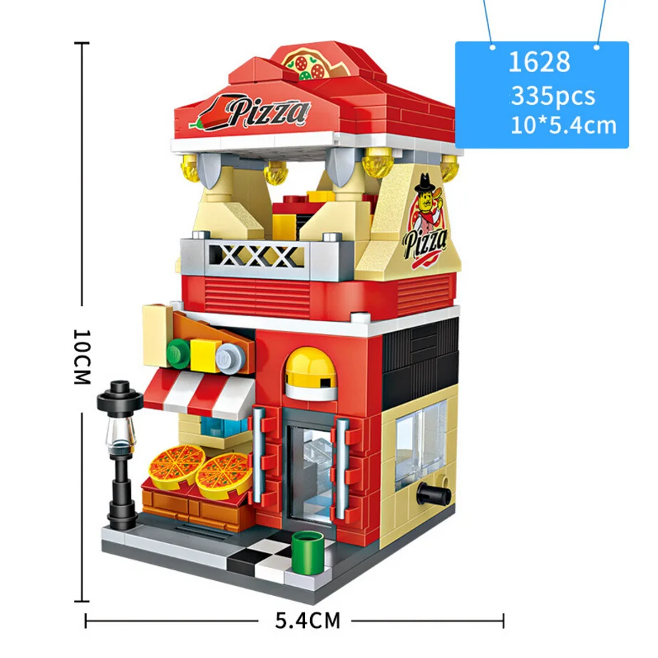 City street view mini block Japanese sushi shop Haagen-Dazs Ice cream pizzeria Pizza shop Seafood hot pot Streetscape bricks toy