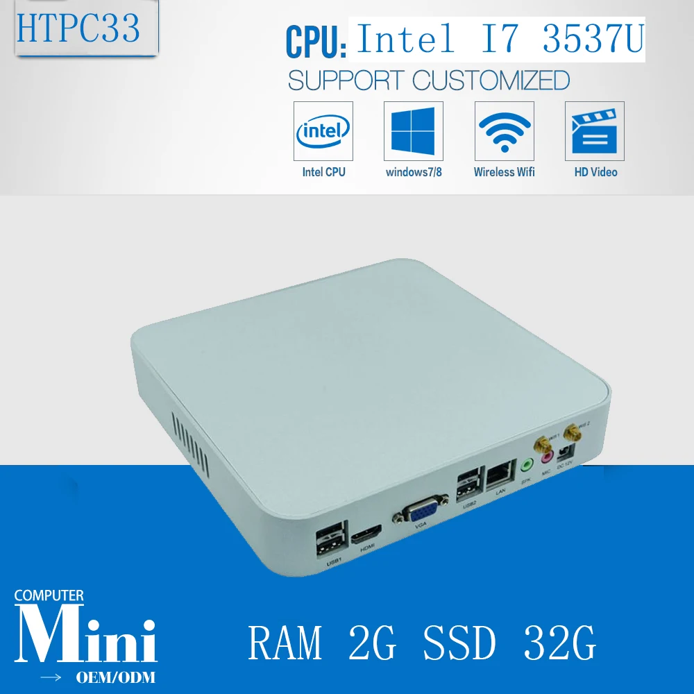 Mini PC Win7, procesador inteligente de cliente Intel Core i7 3537U Max 3,1 GHz 2GB Ram 32GB SSD 300M Wifi 4 x USB 1000M Lan TV Playe