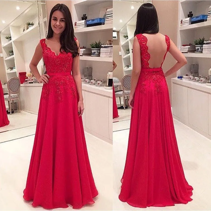 Sleeveless A Line V Neck Backless Long Lace Prom Dress Formal Party Evening Dress Custom Make Size 2 4 6 8 10 12 14 16