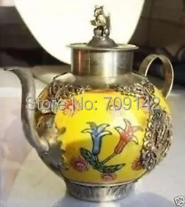 

Lovely! Exquisite old copper collectable Chinese Tibetan Silver Mouse Porcelain Flower Flagon Teapot Antique Men's Traditional