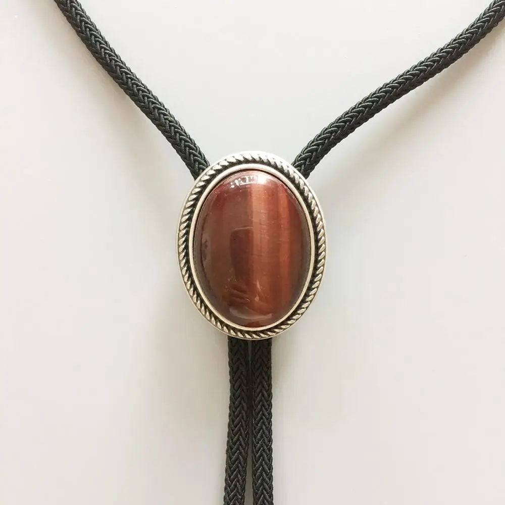 Vintage Silver Plated Nature Red Tiger Eye Stone Western Oval Bolo Tie Neck Tie With Sky Systems Fiber Braided Rope