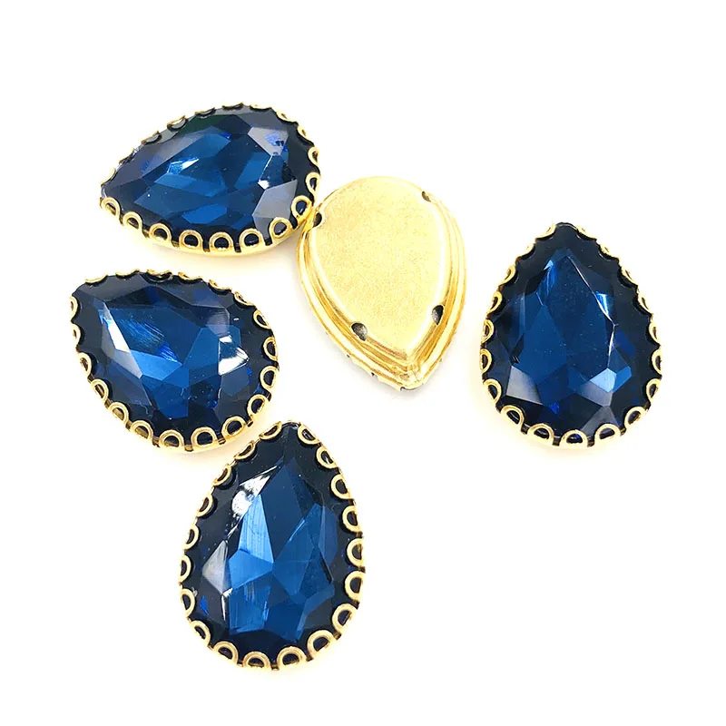 10X14/13x18mm Ink blue water drop gold bottom lacy shape claws glass crystal sew on rhinestones Diy clothing accessories