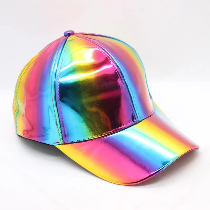 Men Women Cool Bright Rainbow Color PU Patent Leather SunShade Baseball Cap Sport Sunscreen Hip Hop Dance Adjustable Sun Hat P49