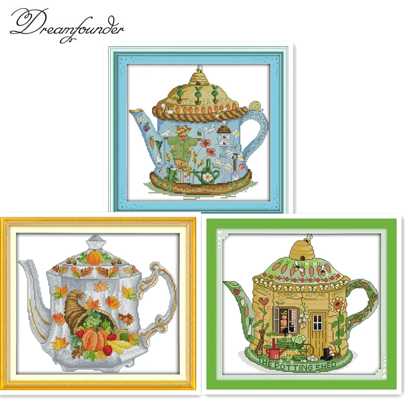 The scarecrow teapot cross stitch kit cartoon aida 18ct 14ct 11ct cloth counted printed canvas set stitches embroidery handmade