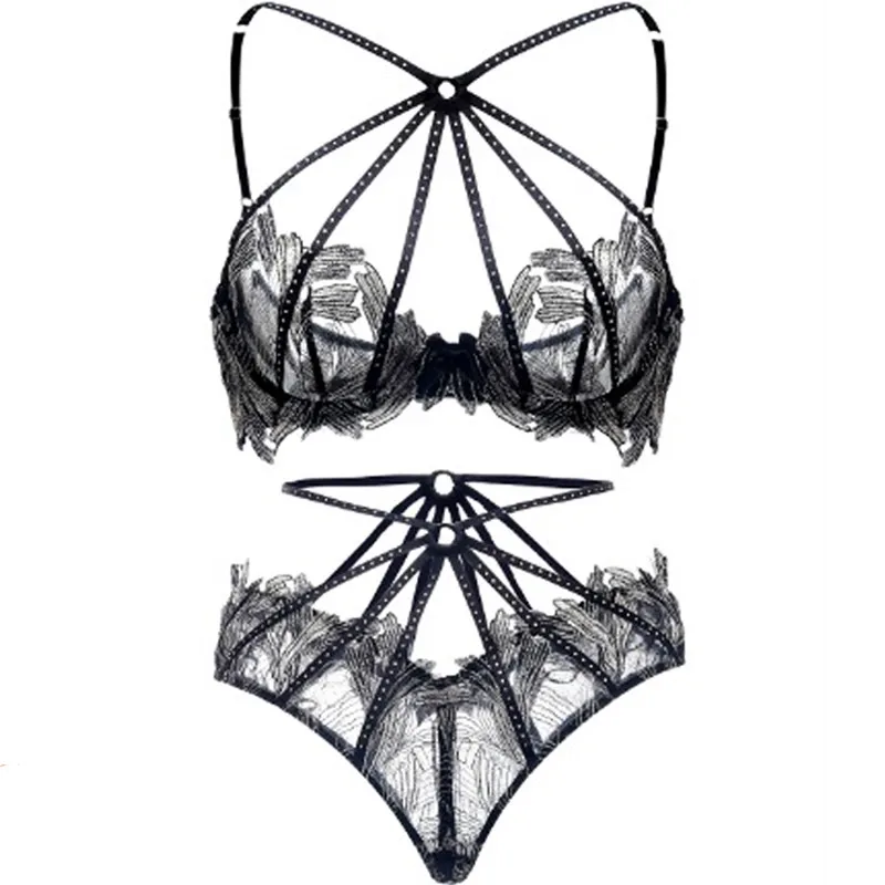 Women Sexy Lace Bra Set Transparent Across Bra High Waist G-string Embroidery Underwear Suit Women Luxury Lingerie Set