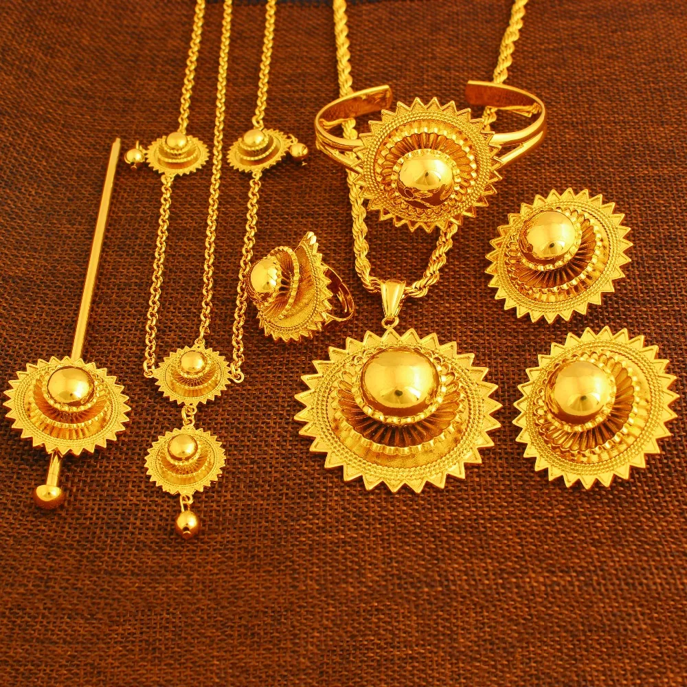 NEW Ethiopian Jewelry Set 24k Gold Color Hair Chain/Pendant /Chain/Earing/Ring/Hair pin/Bangle Eritrea African Wedding item