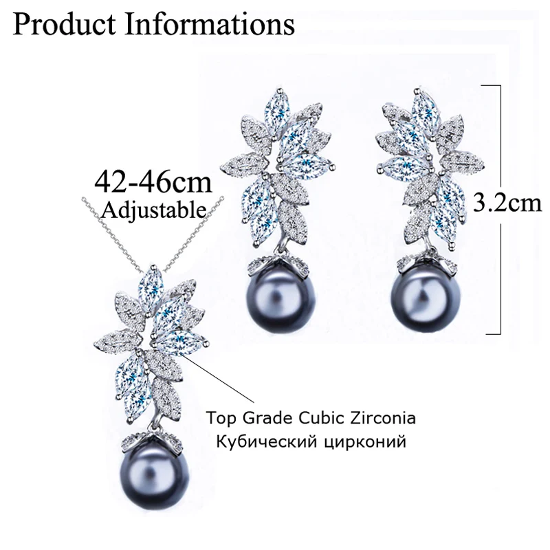 ThreeGraces Romantic Sparkling Leaf Cubic Zircon Wedding Party Pearl Necklaces and Earrings Jewelry Sets for Bridesmaid JS263