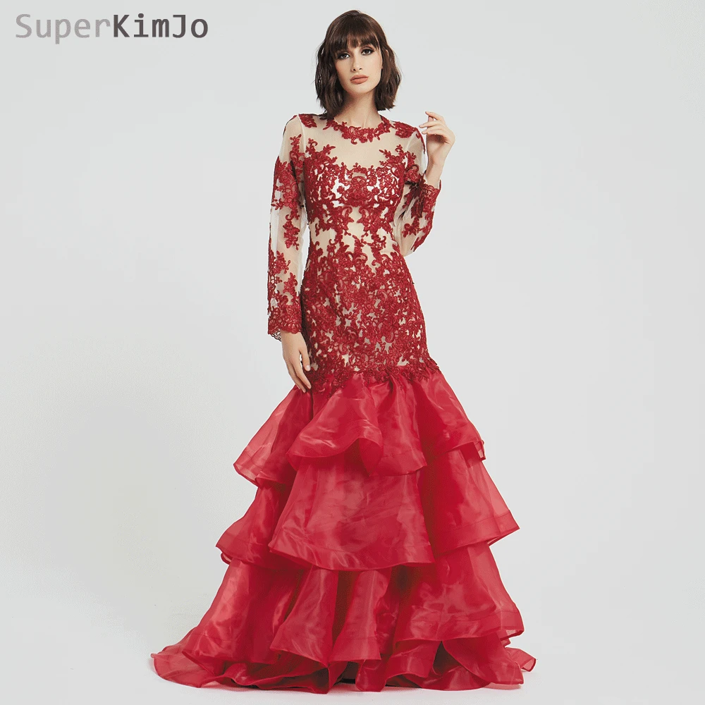 SuperKimJo 2019 New Arrival Formal Dress Long Sleeve Lace Applique Evening Dresses Elegant Tiered Burgundy Evening Gown