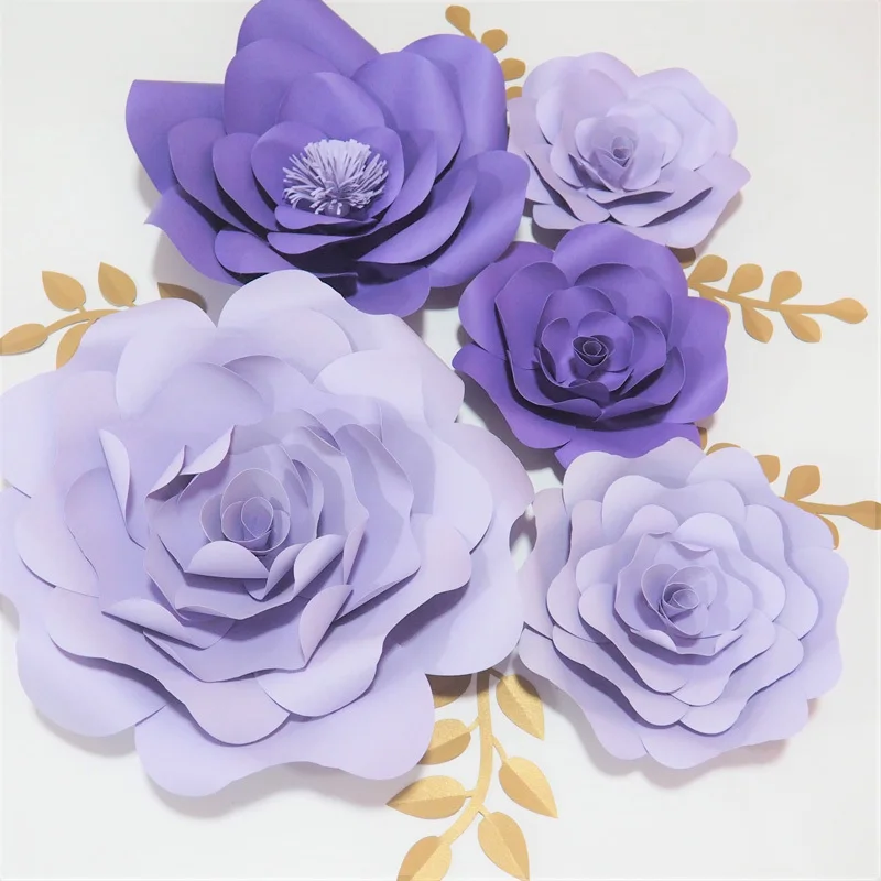 Lilac DIY 5PCS Giant Paper Flowers + 5 Leaves Flores Artificiales Fleur Artificielle Wedding & Event Backdrop Party Baby Nursery