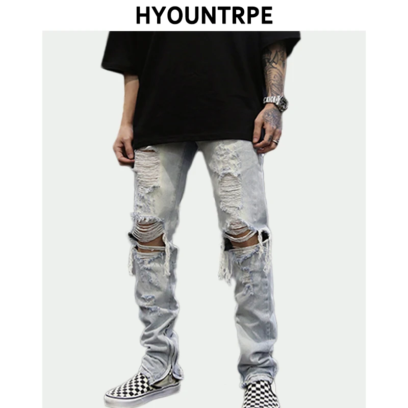 Bottom Zipper Knee Holes Denim Jeans Destroyed Ripped Slim Mens Biker Jeans New Men Fashion Streetwear Hip Hop Pants Joggers