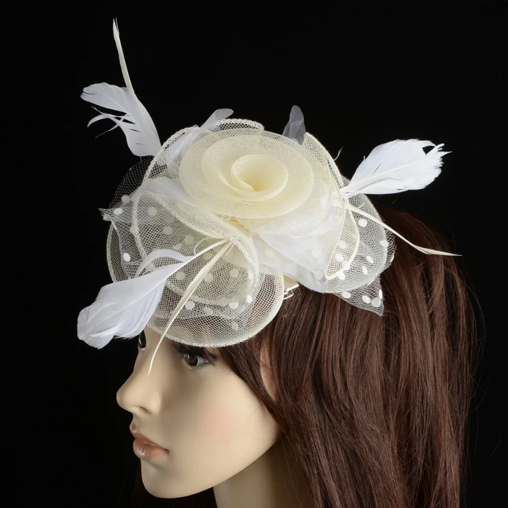 

Handmade flowers with feather Fascinator Hat heart-shaped Yarn spirals hair Cocktail Party Brides Hair Accessories for women