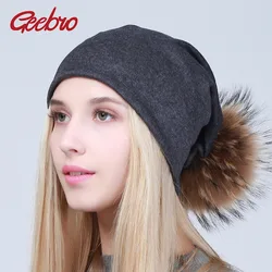 Geebro Pompom 봄 코 튼 Beanies 모자와 여성 Beanie 모자 너구리 모피 Pompon Skullies 여자에 대 한 Balaclava 모자 JS294