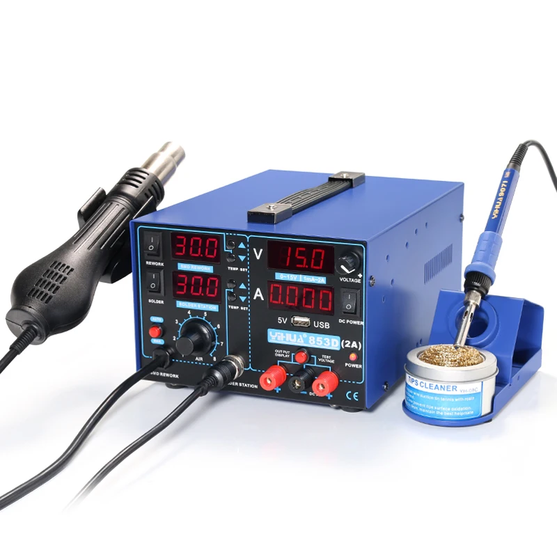 YIHUA 853D Rework Soldering Station 3 IN 1 SMD Soldering Iron Hot Air Gun With 5V 2A USB DC Power Supply BGA Welding Repair Tool